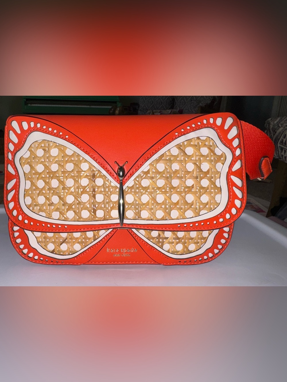 Kate Spade Buddie Butterfly Medium Leather Wicker Crossbody Shoulder Bag